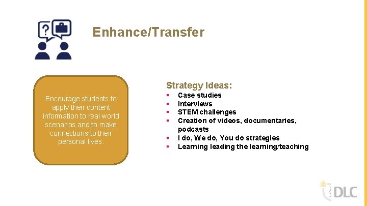 Enhance/Transfer Strategy Ideas: Encourage students to apply their content information to real world scenarios