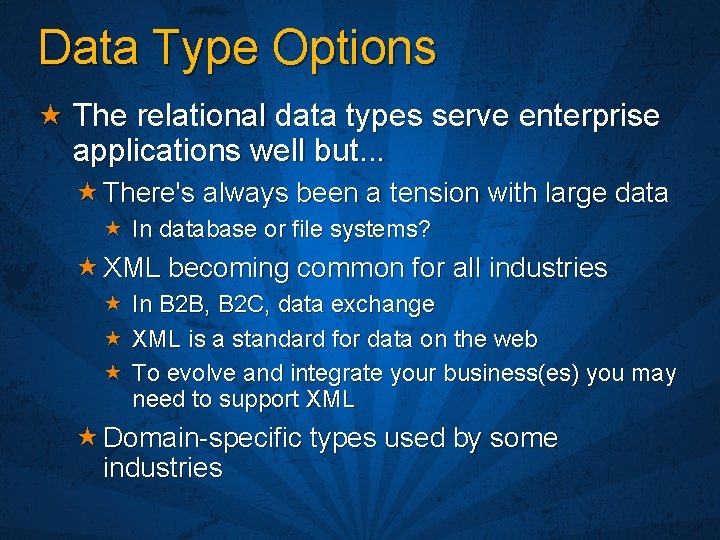 Data Type Options The relational data types serve enterprise applications well but. . .