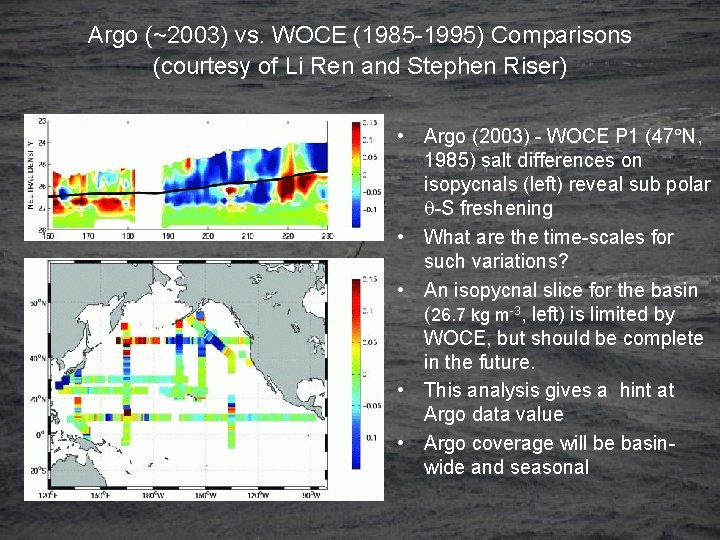 Argo (~2003) vs. WOCE (1985 -1995) Comparisons (courtesy of Li Ren and Stephen Riser)