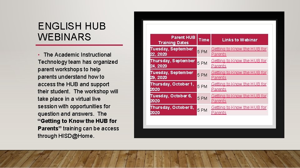 ENGLISH HUB WEBINARS • The Academic Instructional Technology team has organized parent workshops to