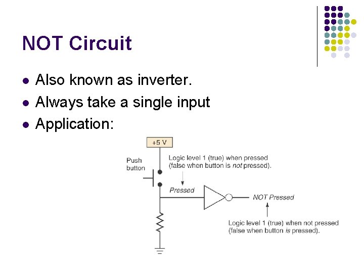NOT Circuit Also known as inverter. Always take a single input Application: NOT Circuit Also known as inverter. Always take a single input Application: