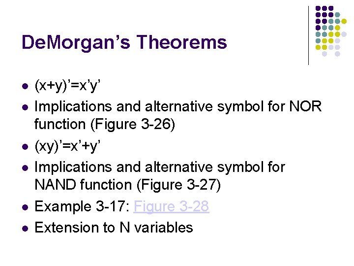 De. Morgan’s Theorems (x+y)’=x’y’ Implications and alternative symbol for NOR function (Figure 3 -26) De. Morgan’s Theorems (x+y)’=x’y’ Implications and alternative symbol for NOR function (Figure 3 -26)