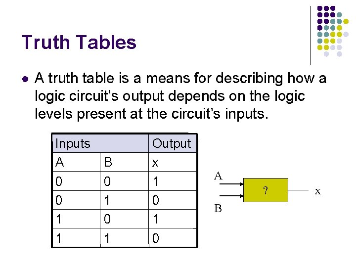 Truth Tables A truth table is a means for describing how a logic circuit’s Truth Tables A truth table is a means for describing how a logic circuit’s