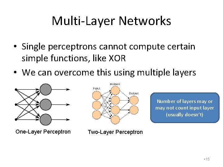 Multi-Layer Networks • Single perceptrons cannot compute certain simple functions, like XOR • We