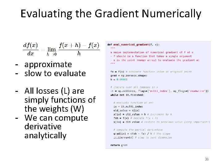 Evaluating the Gradient Numerically - approximate - slow to evaluate - All losses (L)