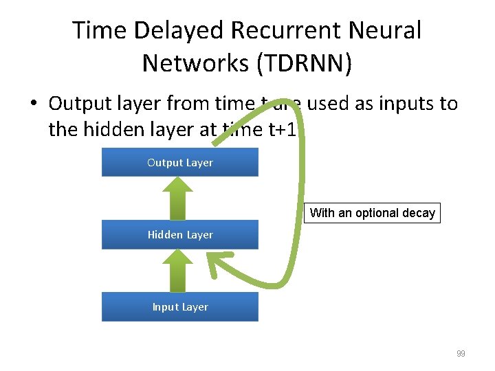 Time Delayed Recurrent Neural Networks (TDRNN) • Output layer from time t are used