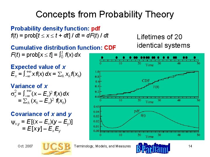 Concepts from Probability Theory Probability density function: pdf f(t) = prob[t x t +
