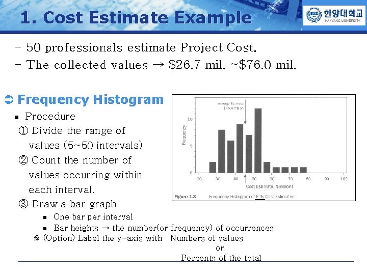 1. Cost Estimate Example - 50 professionals estimate Project Cost. - The collected values