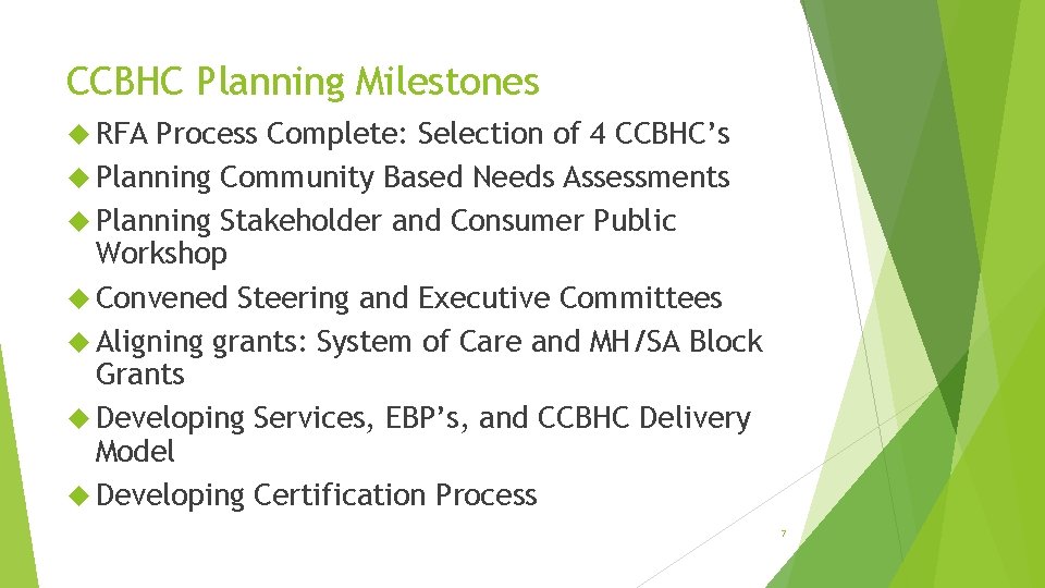CCBHC Planning Milestones RFA Process Complete: Selection of 4 CCBHC’s Planning Community Based Needs