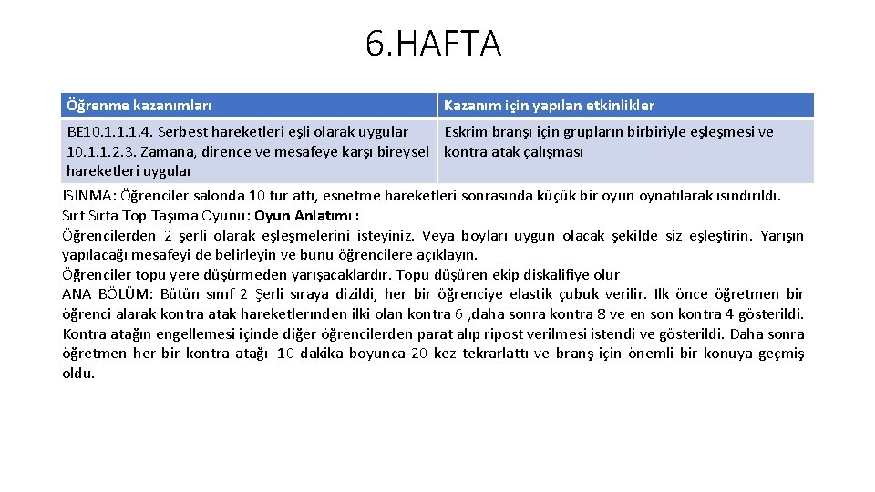 6. HAFTA Öğrenme kazanımları Kazanım için yapılan etkinlikler BE 10. 1. 1. 1. 4.