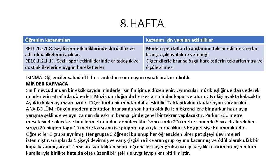 8. HAFTA Öğrenim kazanımları Kazanım için yapılan etkinlikler BE 10. 1. 2. 1. 8.