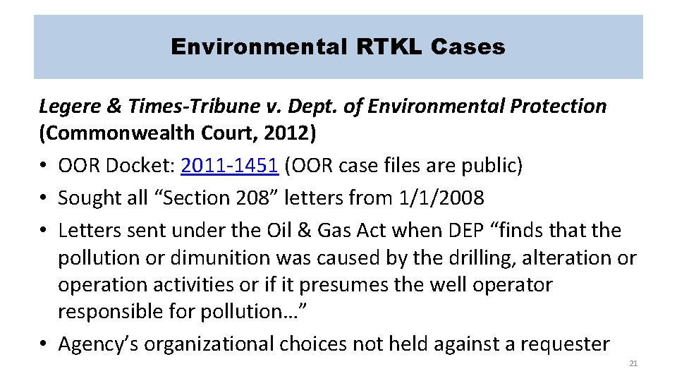 Environmental RTKL Cases Legere & Times-Tribune v. Dept. of Environmental Protection (Commonwealth Court, 2012)