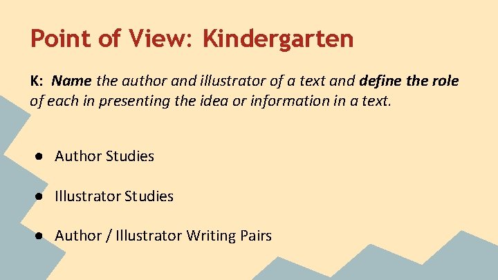 Point of View: Kindergarten K: Name the author and illustrator of a text and