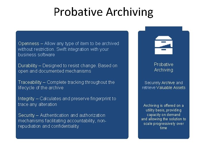 Probative Archiving Openness – Allow any type of item to be archived without restriction.