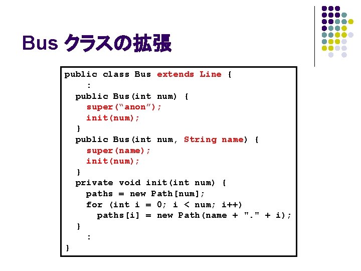 Bus クラスの拡張 public class Bus extends Line { : public Bus(int num) { super(“anon”);