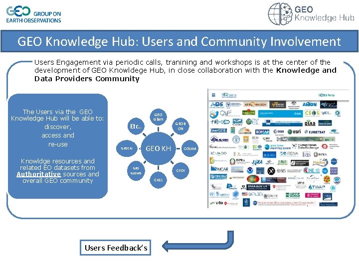 GEO Knowledge Hub: Users and Community Involvement Users Engagement via periodic calls, tranining and