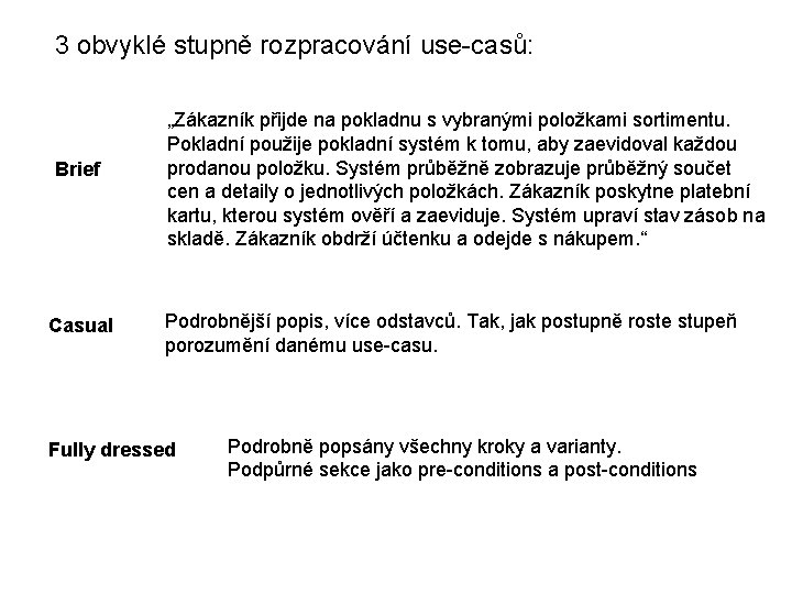 3 obvyklé stupně rozpracování use-casů: Brief Casual „Zákazník přijde na pokladnu s vybranými položkami