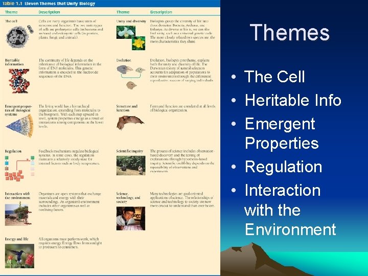 Themes • The Cell • Heritable Info • Emergent Properties • Regulation • Interaction