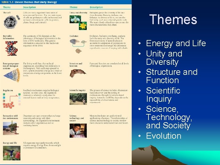 Themes • Energy and Life • Unity and Diversity • Structure and Function •