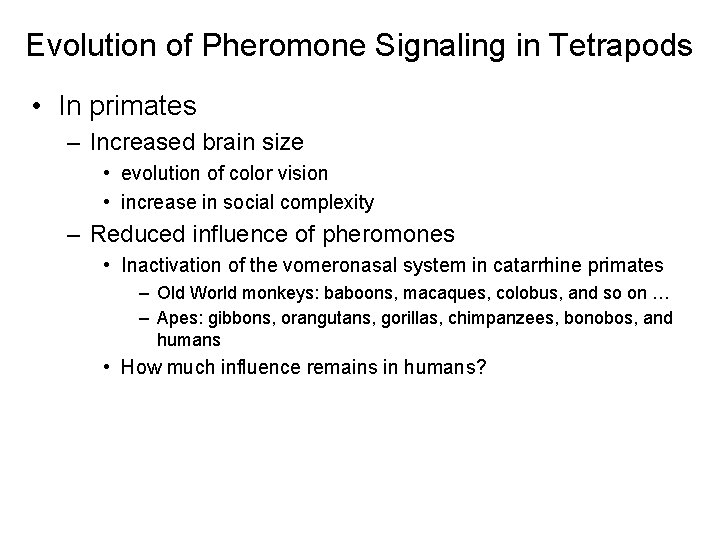 Evolution of Pheromone Signaling in Tetrapods • In primates – Increased brain size •