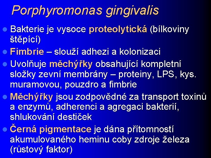 Porphyromonas gingivalis l Bakterie je vysoce proteolytická (bílkoviny štěpící) l Fimbrie – slouží adhezi