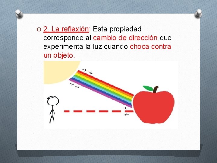 O 2. La reflexión: Esta propiedad corresponde al cambio de dirección que experimenta la