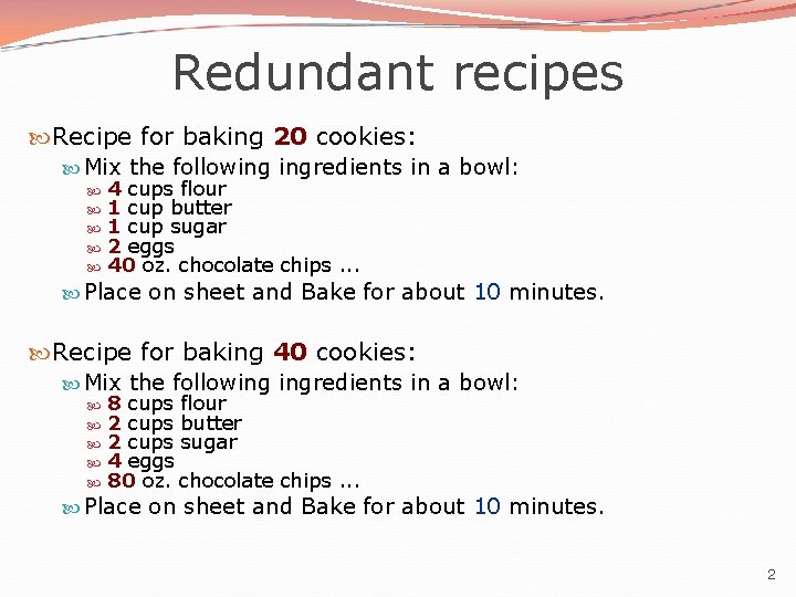 Redundant recipes Recipe for baking 20 cookies: Mix the following ingredients in a bowl: Redundant recipes Recipe for baking 20 cookies: Mix the following ingredients in a bowl: