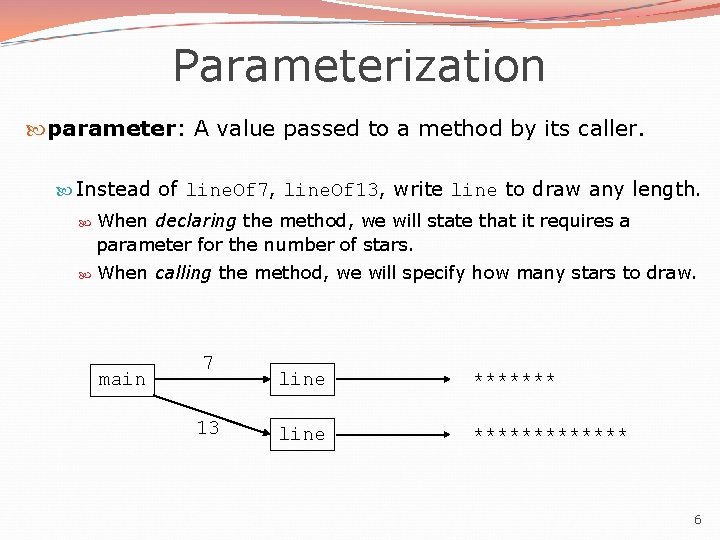 Parameterization parameter: A value passed to a method by its caller. Instead of line. Parameterization parameter: A value passed to a method by its caller. Instead of line.