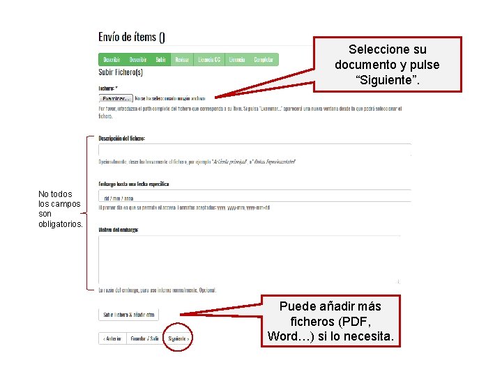 Seleccione su documento y pulse “Siguiente”. No todos los campos son obligatorios. Puede añadir