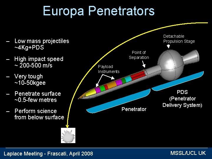 Europa Penetrators Detachable Propulsion Stage – Low mass projectiles ~4 Kg+PDS – High impact