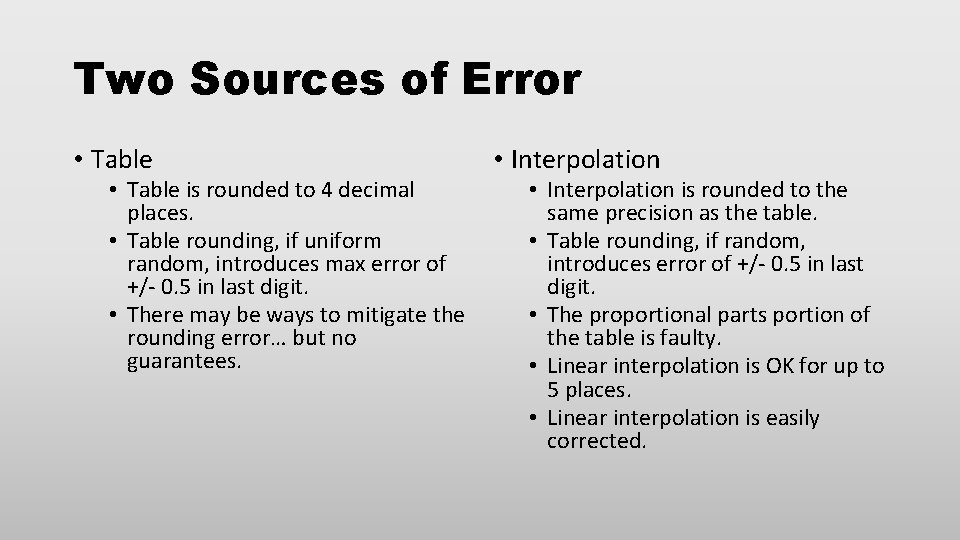 Two Sources of Error • Table is rounded to 4 decimal places. • Table Two Sources of Error • Table is rounded to 4 decimal places. • Table