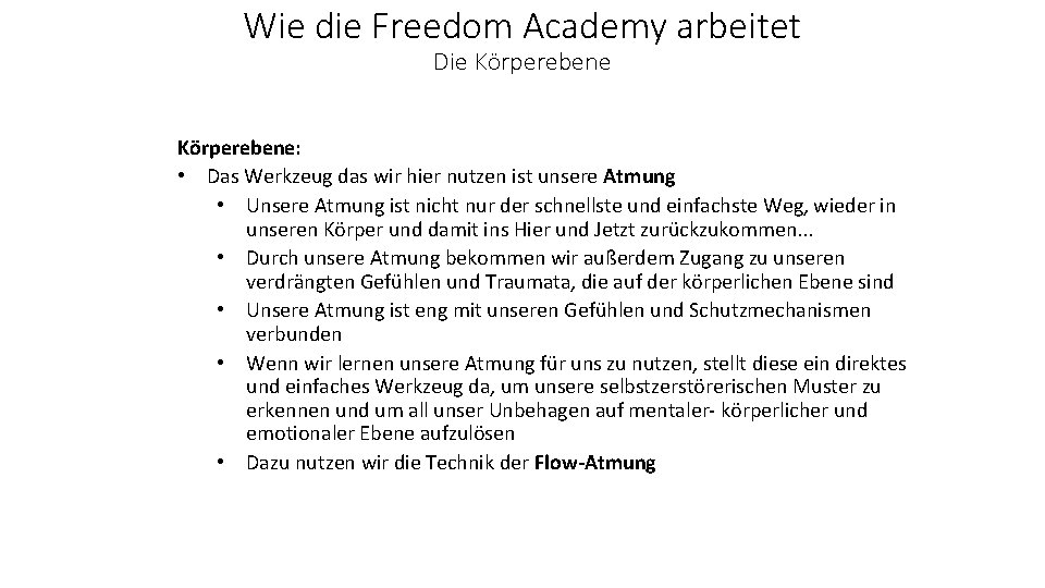 Wie die Freedom Academy arbeitet Die Körperebene: • Das Werkzeug das wir hier nutzen