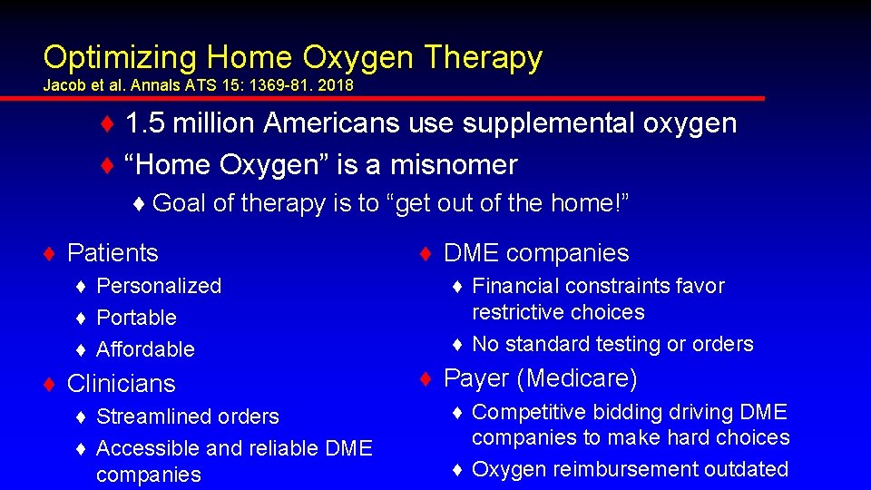 Optimizing Home Oxygen Therapy Jacob et al. Annals ATS 15: 1369 -81. 2018 ♦