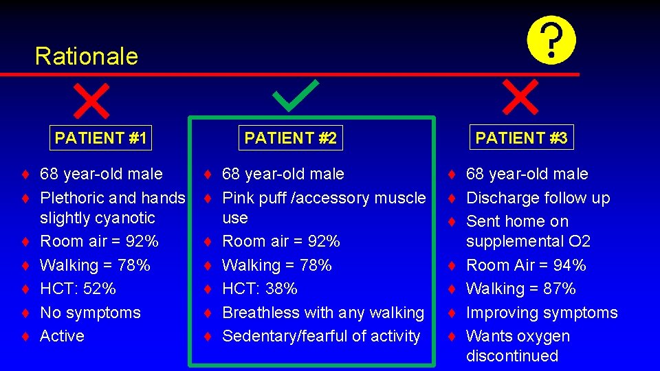 Rationale PATIENT #1 ♦ 68 year-old male ♦ Plethoric and hands slightly cyanotic ♦