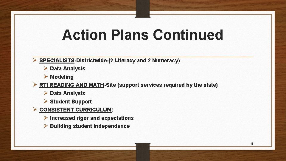 Action Plans Continued Ø SPECIALISTS-Districtwide-(2 Literacy and 2 Numeracy) Ø Data Analysis Ø Modeling