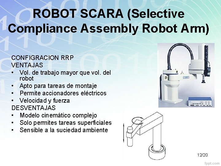 ROBOT SCARA (Selective Compliance Assembly Robot Arm) CONFIGRACION RRP VENTAJAS • Vol. de trabajo