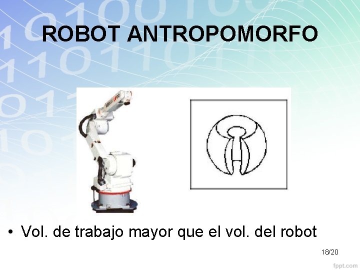 ROBOT ANTROPOMORFO • Vol. de trabajo mayor que el vol. del robot 18/20 