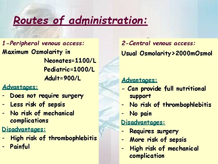 Routes of administration: 1 -Peripheral venous access: Maximum Osmolarity in Neonates=1100/L Pediatric=1000/L Adult=900/L Advantages: