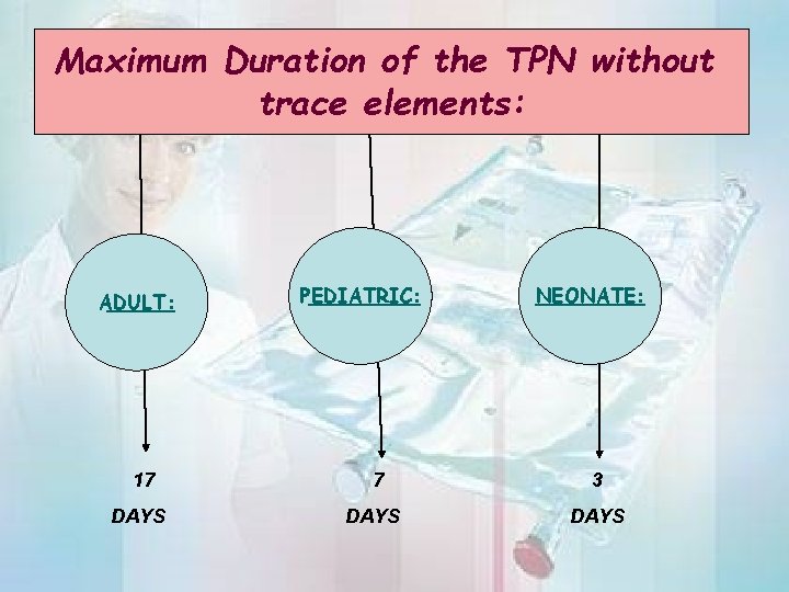 Maximum Duration of the TPN without trace elements: ADULT: PEDIATRIC: NEONATE: 17 7 3