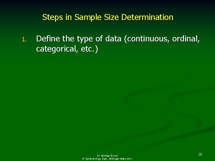 Steps in Sample Size Determination 1. Define the type of data (continuous, ordinal, categorical,