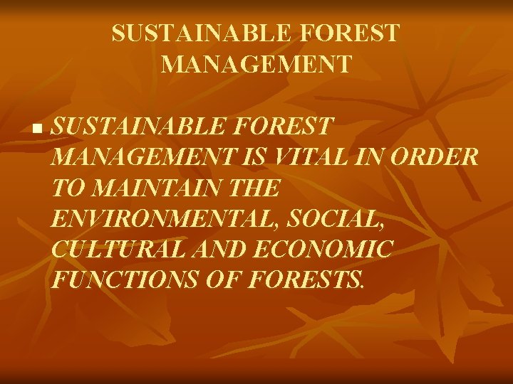 SUSTAINABLE FOREST MANAGEMENT n SUSTAINABLE FOREST MANAGEMENT IS VITAL IN ORDER TO MAINTAIN THE