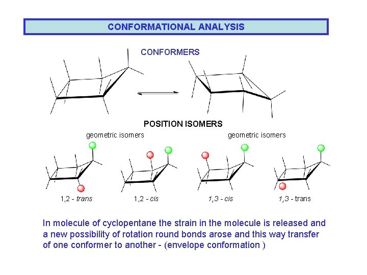 CONFORMATIONAL ANALYSIS CONFORMERS POSITION ISOMERS geometric isomers 1, 2 - trans 1, 2 -