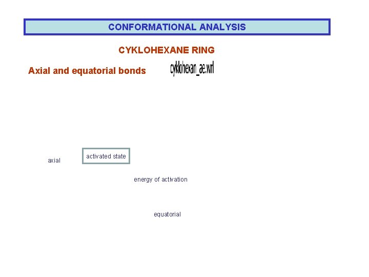CONFORMATIONAL ANALYSIS CYKLOHEXANE RING Axial and equatorial bonds axial activated state energy of activation