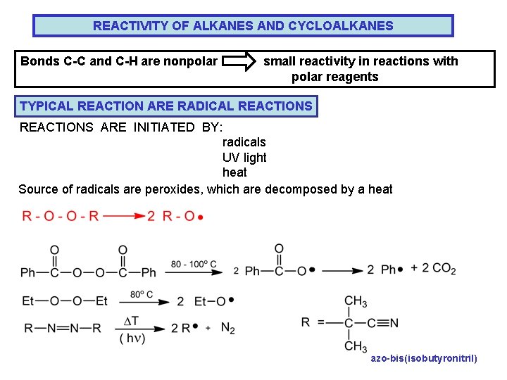REACTIVITY OF ALKANES AND CYCLOALKANES Bonds C-C and C-H are nonpolar small reactivity in