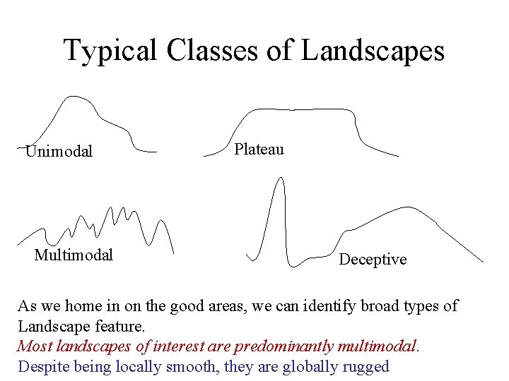 Typical Classes of Landscapes Unimodal Multimodal Plateau Deceptive As we home in on the