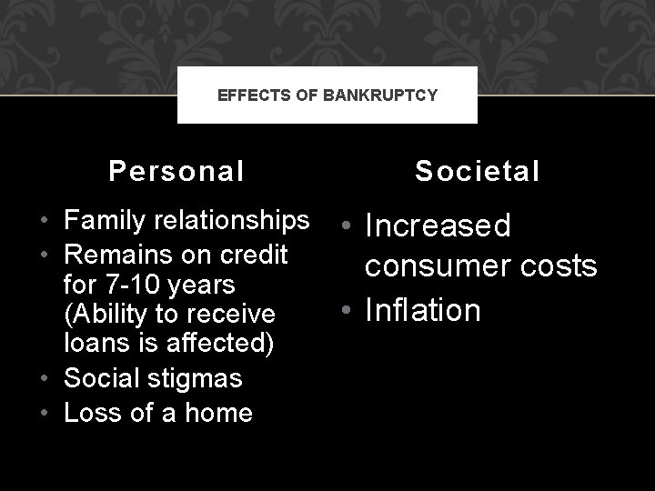 EFFECTS OF BANKRUPTCY Personal Societal • Family relationships • Remains on credit for 7 EFFECTS OF BANKRUPTCY Personal Societal • Family relationships • Remains on credit for 7