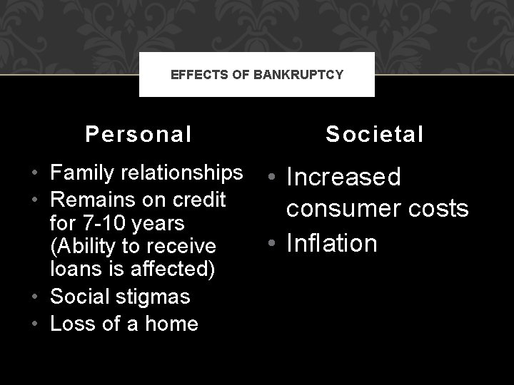 EFFECTS OF BANKRUPTCY Personal Societal • Family relationships • Remains on credit for 7