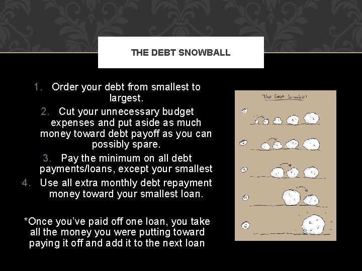 THE DEBT SNOWBALL 1. Order your debt from smallest to largest. 2. Cut your