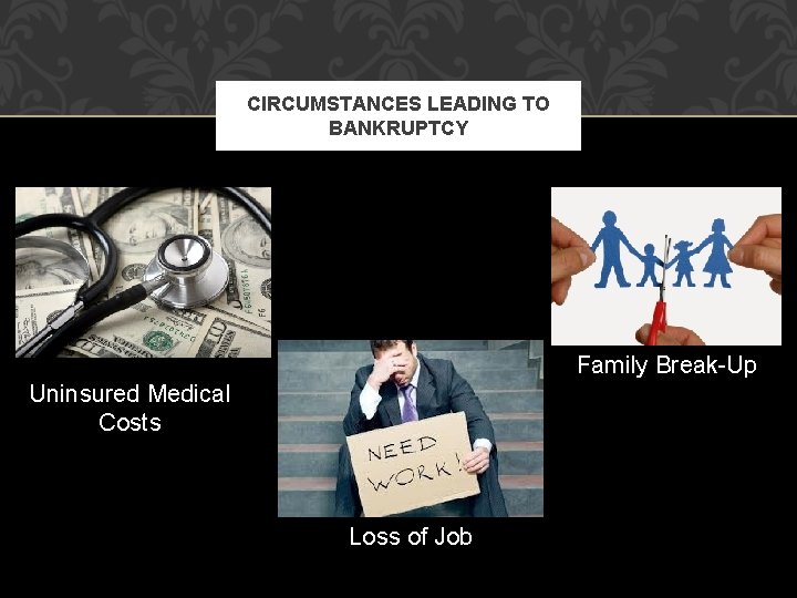 CIRCUMSTANCES LEADING TO BANKRUPTCY Family Break-Up Uninsured Medical Costs Loss of Job 