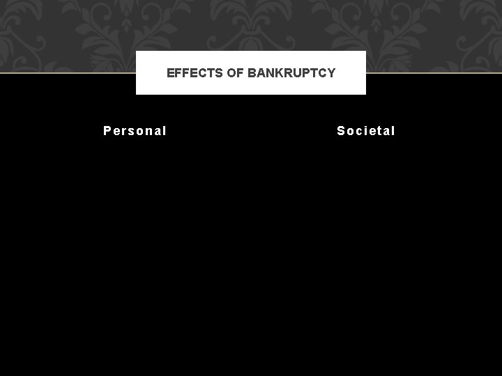 EFFECTS OF BANKRUPTCY Personal Societal 